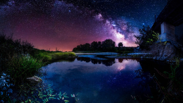 River reflection starry sky building free wallpaper for desktop - medium preview image