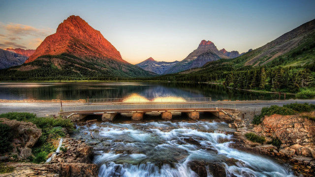 Bridge waterfall mountains sunset landscape free wallpaper for desktop - medium preview image