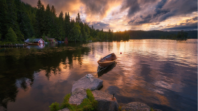Sunset boat lake cloudy sky free wallpaper for desktop - medium preview image