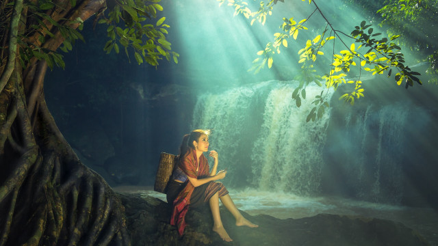 Woman waterfall bamboo nature sitting free wallpaper for desktop - medium preview image