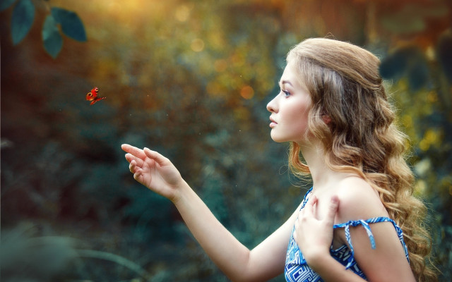 Curious girl red butterfly photorealistic free wallpaper for desktop - medium preview image
