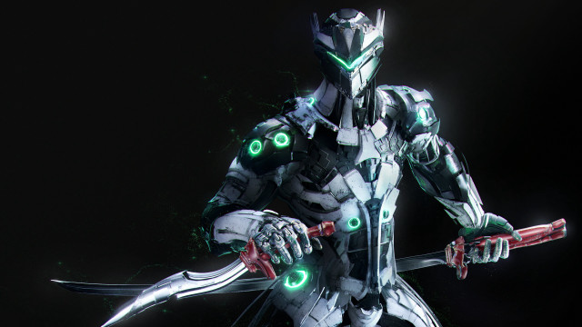 Futuristic warframe armor glowing green free wallpaper for desktop - medium preview image