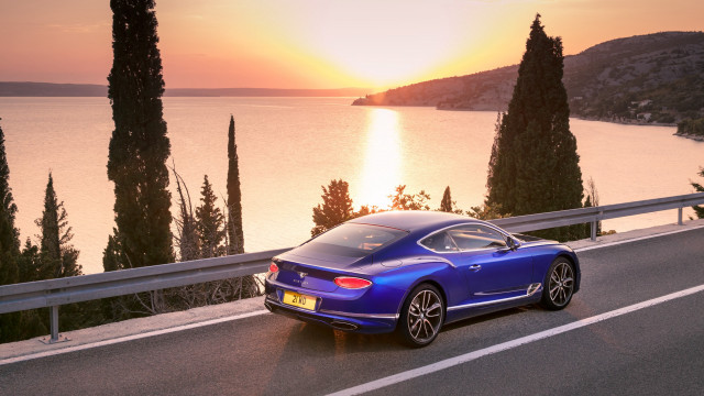 Blue sports car sunset lake free wallpaper for desktop - medium preview image