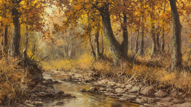 Autumn forest stream oil painting free wallpaper for desktop - medium preview image