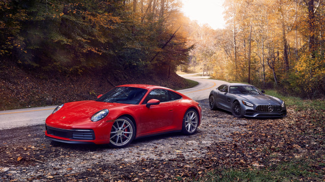 Two red sports cars forest free wallpaper for desktop - medium preview image