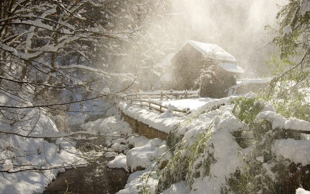 Snow bridge house trees stream free wallpaper for desktop - medium preview image