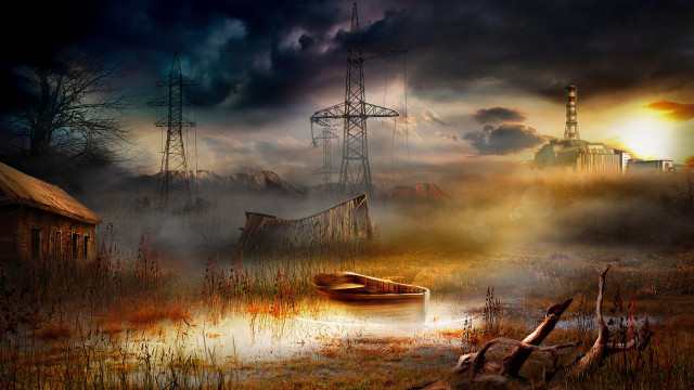 Swampy boat gothic cityscape sunset free wallpaper for desktop - medium preview image
