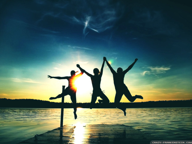 People jumping dock sunset silhouette free wallpaper for desktop - medium preview image