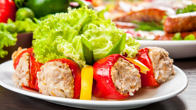 Meatballs vegetables salad fork food free wallpaper for desktop - medium preview image