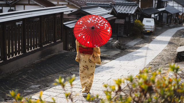 Woman umbrella japanese kimono city free wallpaper for desktop - medium preview image
