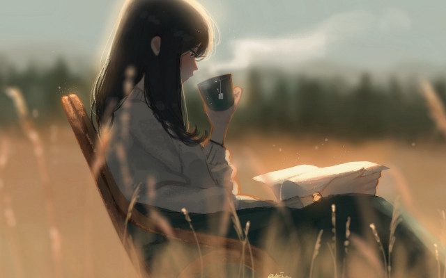 Woman sitting coffee reading tallgrass free wallpaper for desktop - medium preview image