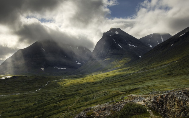 Mountain range clouds grassy field #2 free wallpaper for desktop - medium preview image