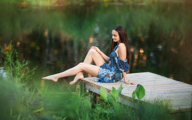Woman dock lake blue dress #2 free wallpaper for desktop - medium preview image