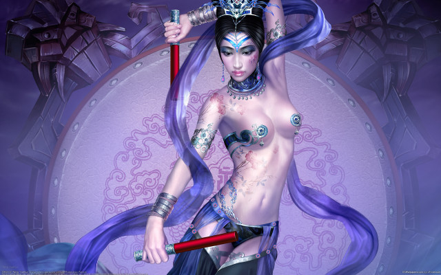Warrior woman sword purple background free wallpaper for desktop - medium preview image
