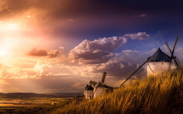 Windmill hill sunset clouds sunbeam free wallpaper for desktop - medium preview image