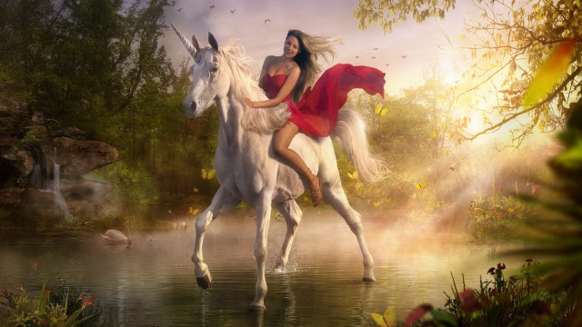 Woman horse forest waterfall magical free wallpaper for desktop - medium preview image