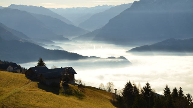 House hill mountains valleys fog free wallpaper for desktop - medium preview image