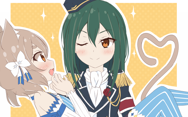 Anime girls hugging cat background free wallpaper for desktop - medium preview image