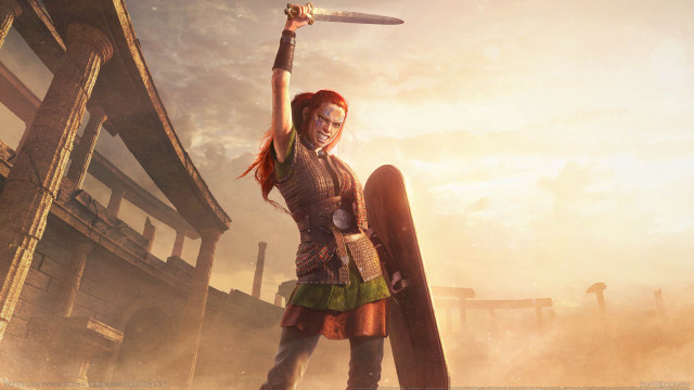 Desert woman sword shield building free wallpaper for desktop - medium preview image