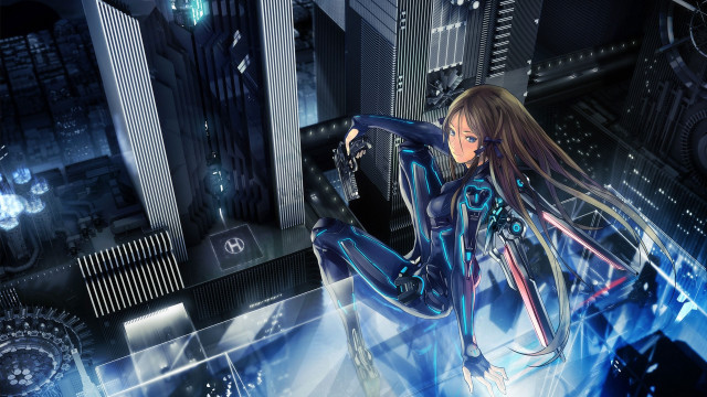 Futuristic woman city clocktower holography free wallpaper for desktop - medium preview image