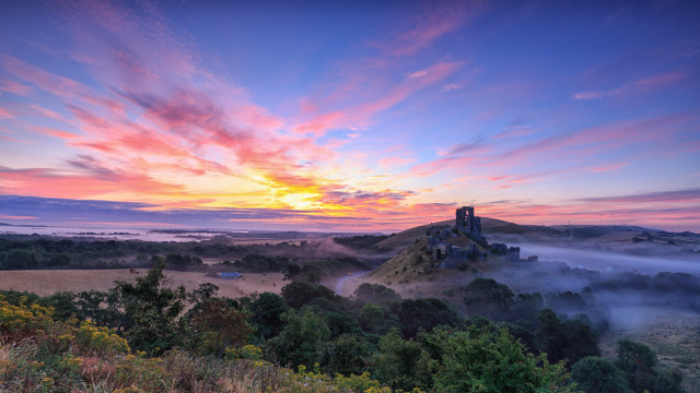 Castle hill sunset fog field free wallpaper for desktop - medium preview image
