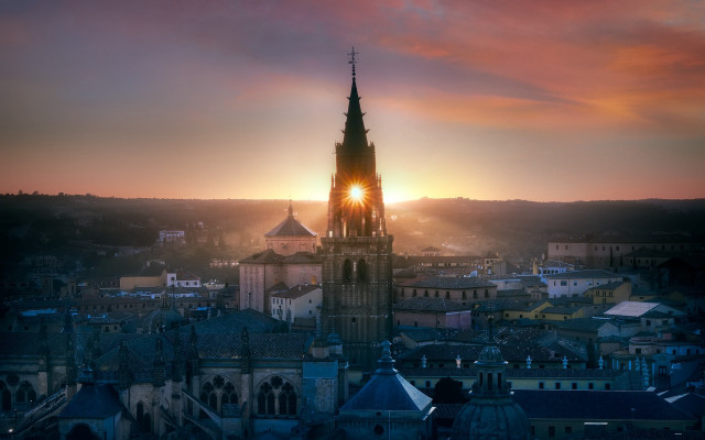 City clocktower sunset clouds matte free wallpaper for desktop - medium preview image