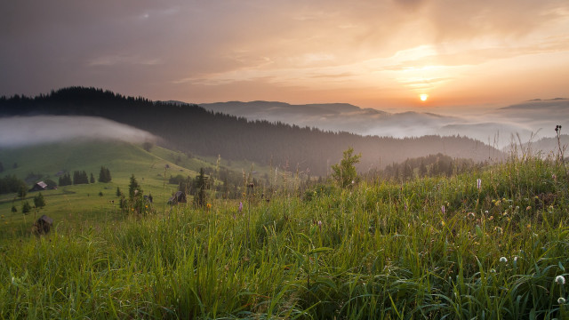 Mountain sunset field clouds landscape free wallpaper for desktop - medium preview image