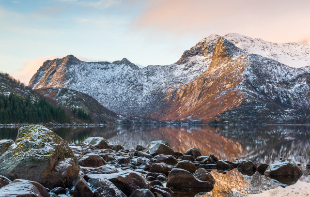 Mountain range lake rocks snow free wallpaper for desktop - medium preview image