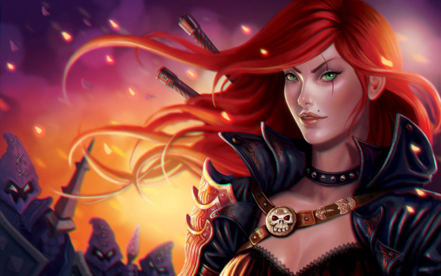 Red haired katarina city sunset free wallpaper for desktop - medium preview image