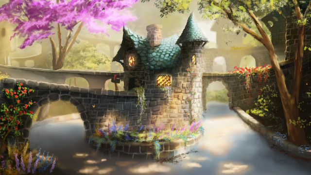 Castle bridge flowers trees fantasy free wallpaper for desktop - medium preview image