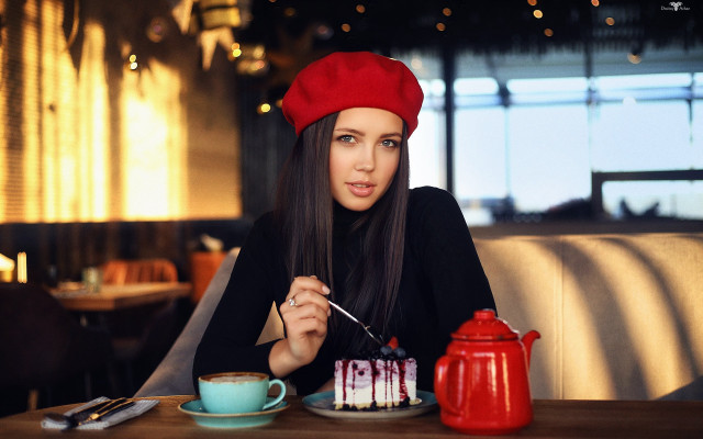 Woman cake tea santa hat free wallpaper for desktop - medium preview image