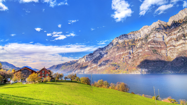 Scenic lake mountain house clouds free wallpaper for desktop - medium preview image