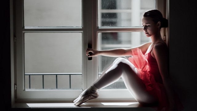 Woman red dress sitting window #4 free wallpaper for desktop - medium preview image
