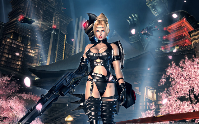 Futuristic woman armor cityscape gun free wallpaper for desktop - medium preview image