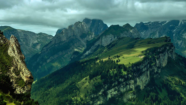 Mountain range green valley cloudy free wallpaper for desktop - medium preview image