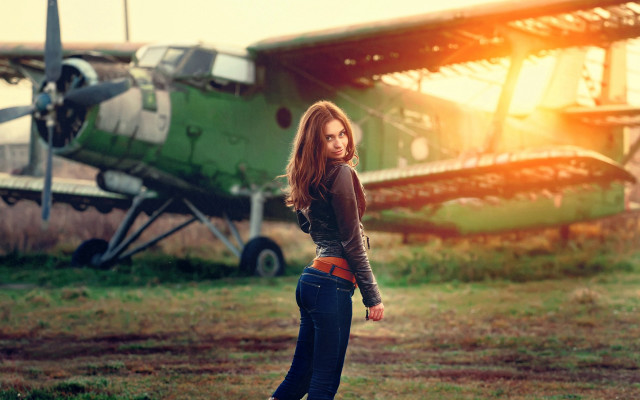 Woman old plane grass sunset free wallpaper for desktop - medium preview image