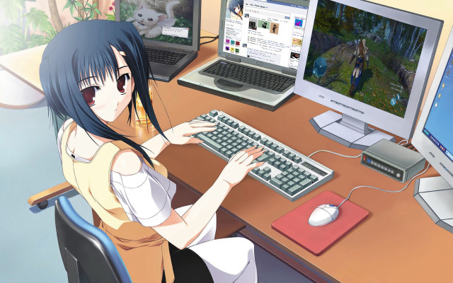 Girl sitting desk keyboard mouse free wallpaper for desktop - medium preview image