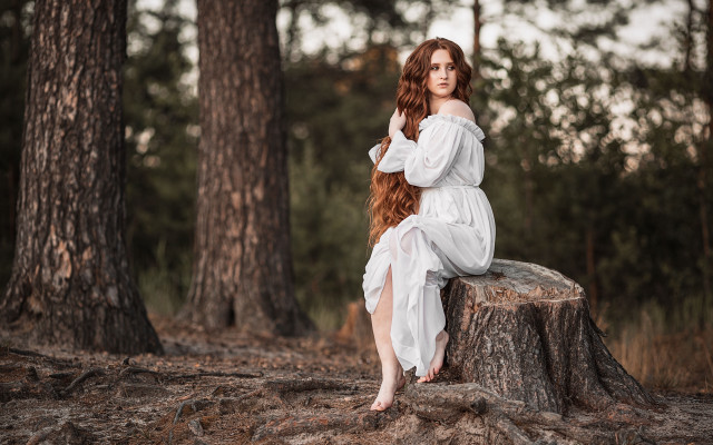 Woman white dress tree stump #2 free wallpaper for desktop - medium preview image