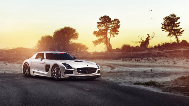 White sports car sunset nature free wallpaper for desktop - medium preview image