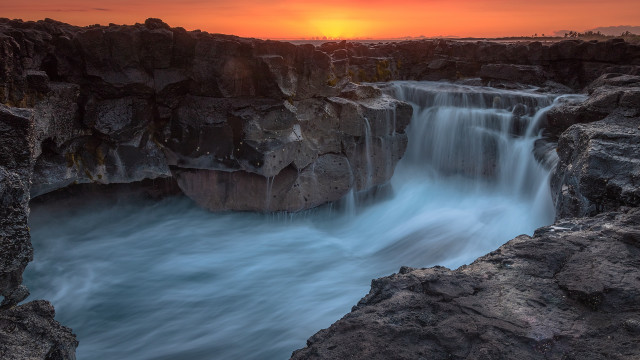 Waterfall sunset river rocks cloudy free wallpaper for desktop - medium preview image