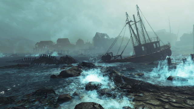 Ship smoke rocky shore city free wallpaper for desktop - medium preview image