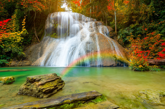 Waterfall rainbow autumn leaves nature free wallpaper for desktop - medium preview image