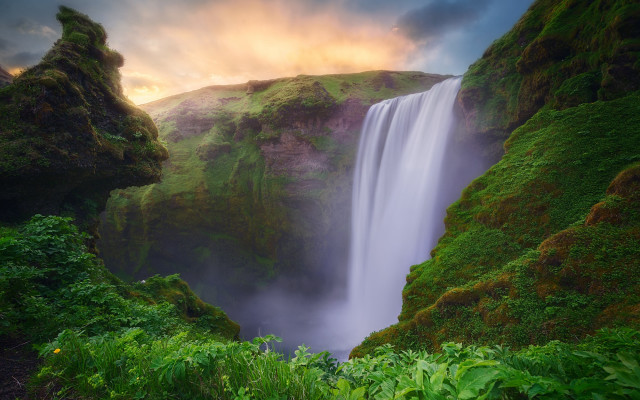 Waterfall mountain forest sky field free wallpaper for desktop - medium preview image