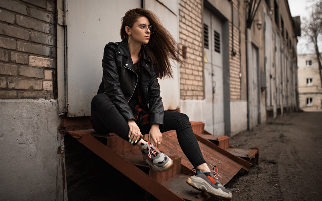 Woman sitting cyberpunk portrait denim free wallpaper for desktop - medium preview image