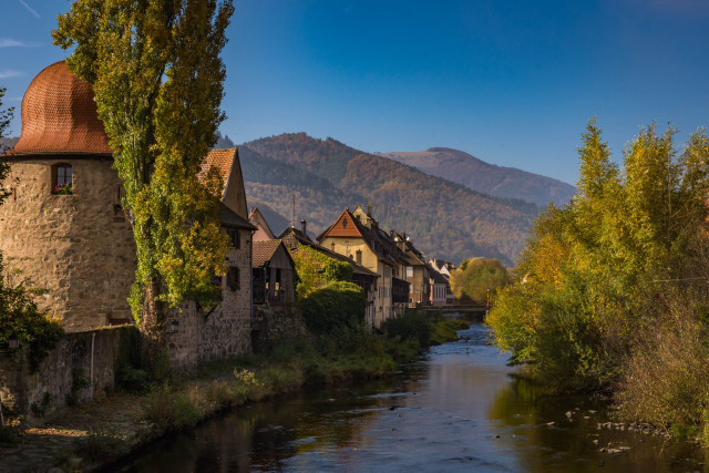 River village mountains autumn tiltshift free wallpaper for desktop - medium preview image
