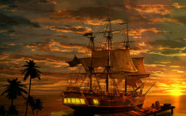 Ship ocean sunset palm trees free wallpaper for desktop - medium preview image