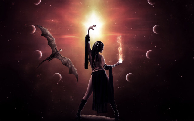 Woman staff moonphases bats light free wallpaper for desktop - medium preview image