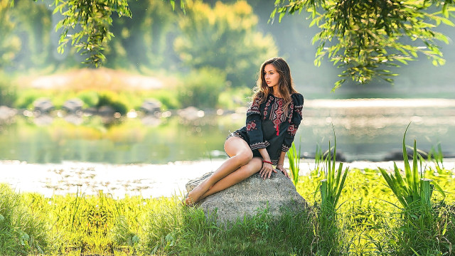 Woman sitting pond grass tree free wallpaper for desktop - medium preview image