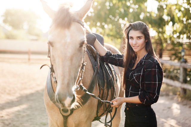 Woman horse field portrait bokeh free wallpaper for desktop - medium preview image