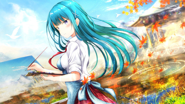 Blue haired girl autumn leaves free wallpaper for desktop - medium preview image
